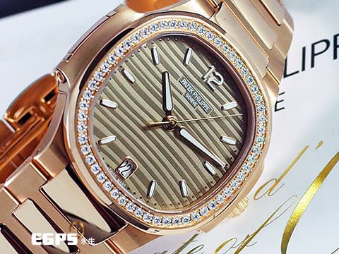 Patek Philippe 百達翡麗 PP錶 7118 /1200R-010 金鷹 7118/1200R-010 18K玫瑰金材質 鍊帶款 PP印記 原廠鑲嵌56顆鑽石錶圈（共0.67克拉）&nbsp;玫瑰金色水波紋路面盤 2024年保單&nbsp;自動上鍊 35.2mm