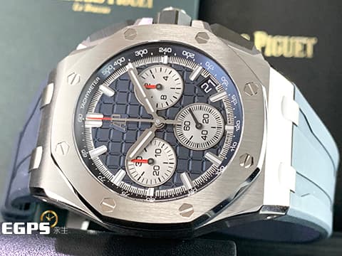Audemars Piguet 愛彼 AP錶 Royal Oak Offshore 皇家橡樹 離岸型 26420TI.OO.A027CA.01「Méga Tapisserie」超大型格紋藍色面盤&nbsp;26420 TI 飛返 計時碼錶  鈦金屬&nbsp;2021年保單 新式快拆錶帶 搭載全新4401機芯 自動上鏈 43mm