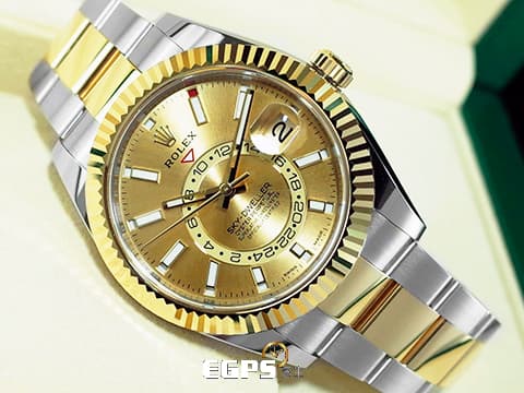 ROLEX 勞力士 Sky-Dweller 326933 天行者 18K黃金材質 半金款 皇帝金金色面盤 兩地時區 沙羅系統 年曆錶 2020年新式保卡&nbsp;自動上鍊 42mm