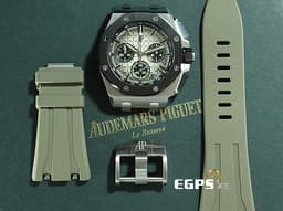 Audemars Piguet AP錶 愛彼 Royal Oak Offshore 皇家橡樹離岸型 飛返計時碼錶 26420SO.OO.A600CA.01  不鏽鋼材質 黑色陶瓷錶圈 <font color="#e1e6a8"> 格紋煙燻淺棕色面盤</font><font color="#F75000"> </font> <font color="#FF0000">2023年保卡 新式快拆錶帶 搭載全新4401機芯 </font>自動上鏈 43mm