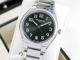 PATEK PHILIPPE 百達翡麗 PP錶 Twenty~4系列 7300/1200A-011 <font color=#01B468>橄欖綠色日輝紋面盤 </font> 不鏽鋼 <font color=#FF0000>原鑲鑲鑽 2025年保單 新式摺疊帶扣</font> 自動上鍊 36mm