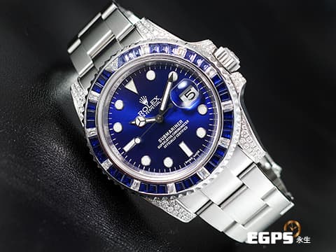 ROLEX 勞力士 Submariner 116610 潛航者 不鏽鋼材質 水鬼 快調式摺疊帶扣  大名鼎鼎的時間管理大師潮錶、客製化藍色面盤、精鑲寶石錶框、錶耳 潛水錶 自動上鍊 40mm