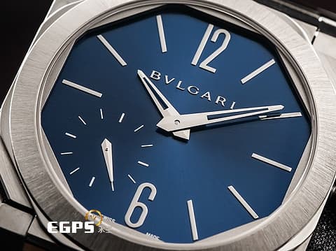 BVLGARI 寶格麗 Bulgari Octo Finissimo系列 103431 藍色太陽紋面盤 八角形多稜角設計錶框 小秒針 PT950 鉑金微型自動盤 超薄 不鏽鋼 2025年保單 自動上鍊 40mm