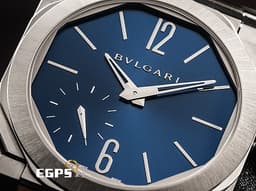 BVLGARI 寶格麗 Bulgari Octo Finissimo系列 103431 <font color=#2828FF>藍色太陽紋面盤</font> 八角形多稜角設計錶框 小秒針 <font color=#9fdbe9>PT950 鉑金微型自動盤</font> 超薄 不鏽鋼 <font color=#FF0000>2025年保單</font> 自動上鍊 40mm
