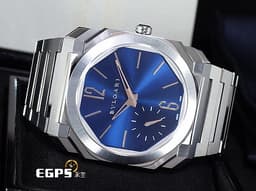BVLGARI 寶格麗 Bulgari Octo Finissimo系列 103431 <font color=#2828FF>藍色太陽紋面盤</font> 八角形多稜角設計錶框 小秒針 <font color=#9fdbe9>PT950 鉑金微型自動盤</font> 超薄 不鏽鋼 <font color=#FF0000>2025年保單</font> 自動上鍊 40mm