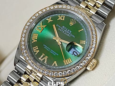 ROLEX 勞力士 DATEJUST 蠔式日誌型 DJ36 126283RBR 不鏽鋼&amp;18K黃金材質 綠色太陽紋面盤 原廠鑲嵌鑽石錶圈 原廠鑲嵌鑽石VI、IX羅馬時標 2025年保卡 自動上鍊 36mm