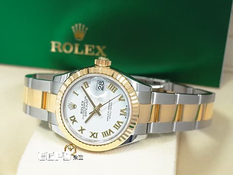 ROLEX 勞力士 Lady-Datejust 28 蠔式日誌型 279173 白色面盤搭配金色羅馬數字時標 18K黃金 半金款 DJ28 經典三角坑紋錶圈 2021年保單 蠔式（Oyster）三節板帶 自動上鍊 28mm