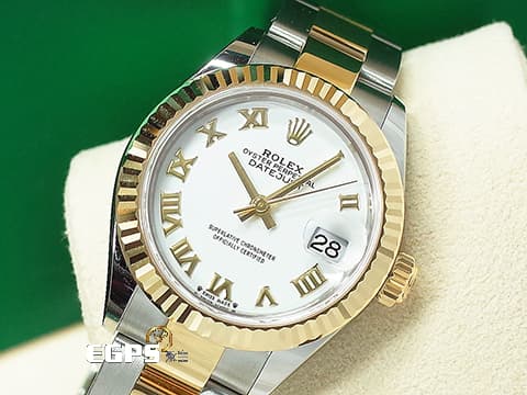 ROLEX 勞力士 Lady-Datejust 28 蠔式日誌型 279173 白色面盤搭配金色羅馬數字時標 18K黃金 半金款 DJ28 經典三角坑紋錶圈 2021年保單 蠔式（Oyster）三節板帶 自動上鍊 28mm