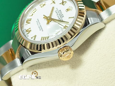 ROLEX 勞力士 Lady-Datejust 28 蠔式日誌型 279173 白色面盤搭配金色羅馬數字時標 18K黃金 半金款 DJ28 經典三角坑紋錶圈 2021年保單 蠔式（Oyster）三節板帶 自動上鍊 28mm