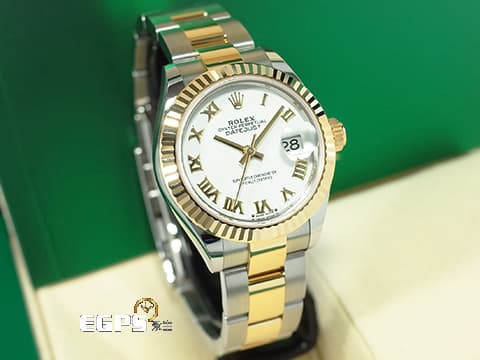 ROLEX 勞力士 Lady-Datejust 28 蠔式日誌型 279173 白色面盤搭配金色羅馬數字時標 18K黃金 半金款 DJ28 經典三角坑紋錶圈 2021年保單 蠔式（Oyster）三節板帶 自動上鍊 28mm