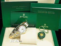 ROLEX 勞力士 Lady-Datejust 28 蠔式日誌型 279173 <font color=#F0F0F0>白色面盤</font>搭配<font color=#f1e1b5>金色羅馬數字時標 18K黃金 半金款</font> DJ28 經典三角坑紋錶圈 <font color=#FF0000>2021年保單 蠔式（Oyster）三節板帶</font> 自動上鍊 28mm