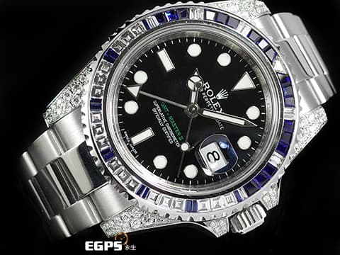 ROLEX 勞力士 GMT-Master II 116710LN 格林威治型 精鑲鑽錶 116710 LN 兩地時區  店長說：這個精鑲藍寶石鑽框，讓您花少少的錢，卻有著完全不同的感覺，價值感值上百萬等級，不想到處撞錶跟別人一樣，趕快來買吧！！ 自動上鍊 40mm