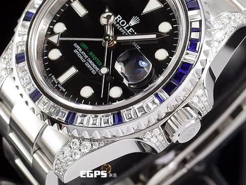 ROLEX 勞力士 GMT-Master II 116710LN 格林威治型 精鑲鑽錶 116710 LN 兩地時區  店長說：這個精鑲藍寶石鑽框，讓您花少少的錢，卻有著完全不同的感覺，價值感值上百萬等級，不想到處撞錶跟別人一樣，趕快來買吧！！ 自動上鍊 40mm