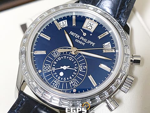 PATEK PHILIPPE 百達翡麗 PP錶 5961P-001  
複雜功能飛返計時年曆錶 PT950鉑金材質 原廠鑲嵌T鑽外框、T鑽摺疊帶扣、T鑽時標&nbsp;藍色面盤 2025年保單&nbsp;自動上鍊 40.5mm