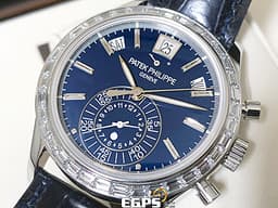 PATEK PHILIPPE 百達翡麗 PP錶 5961P-001  
複雜功能飛返計時年曆錶 <font color="#FF0000">PT950鉑金材質 </font><font color="#05f0f0">原廠鑲嵌T鑽外框、T鑽摺疊帶扣、T鑽時標</font><font color="#FF0000">&nbsp;<font color="#0000E3">藍色面盤</font> 2025年保單</font>&nbsp;自動上鍊 40.5mm