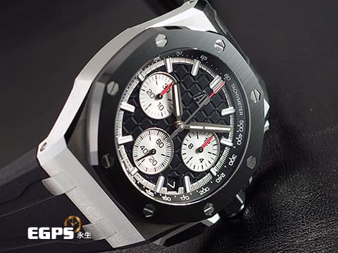 Audemars Piguet 愛彼 AP錶 Royal Oak Offshore 皇家橡樹 離岸型 26420SO.OO.A002CA.01 黑熊貓 經典黑色「Méga Tapisserie」超大型格紋面盤搭配銀灰色計時盤 26420 SO 飛返 計時碼錶 不鏽鋼 陶瓷錶框 2023年保單 新式快拆錶帶 附鱷魚皮錶帶扣 ROO 自動上鍊 43mm