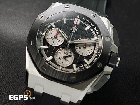 Audemars Piguet 愛彼 AP錶 Royal Oak Offshore 皇家橡樹 離岸型 26420SO.OO.A002CA.01 黑熊貓 經典黑色「Méga Tapisserie」超大型格紋面盤搭配銀灰色計時盤 26420 SO 飛返 計時碼錶 不鏽鋼 陶瓷錶框 2023年保單 新式快拆錶帶 附鱷魚皮錶帶扣 ROO 自動上鍊 43mm