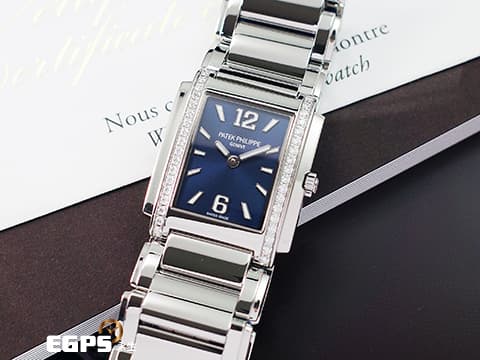 PATEK PHILIPPE 百達翡麗 PP錶 Twenty-4 4910/1200A-001 原鑲鑽錶 藍色日輝紋面盤 2021年保卡&nbsp;石英機芯 25x30mm