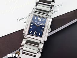 PATEK PHILIPPE 百達翡麗 PP錶 Twenty-4 4910/1200A-001 <font color="#05f0f0">原鑲鑽錶 藍色日輝紋面盤 </font><font color="#FF0000">2021年保卡</font>&nbsp;石英機芯 25x30mm