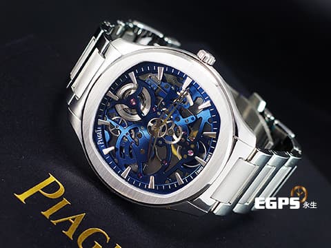 PIAGET 伯爵 Polo skeleton系列 G0A45004 藍色鏤空面盤 微型自動盤超薄鏤空機芯&nbsp;枕型 不鏽鋼 2023年保單 新式快拆錶帶 另附原廠藍色皮錶帶 自動上鍊 42mm