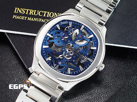 PIAGET 伯爵 Polo skeleton系列 G0A45004 藍色鏤空面盤 微型自動盤超薄鏤空機芯&nbsp;枕型 不鏽鋼 2023年保單 新式快拆錶帶 另附原廠藍色皮錶帶 自動上鍊 42mm