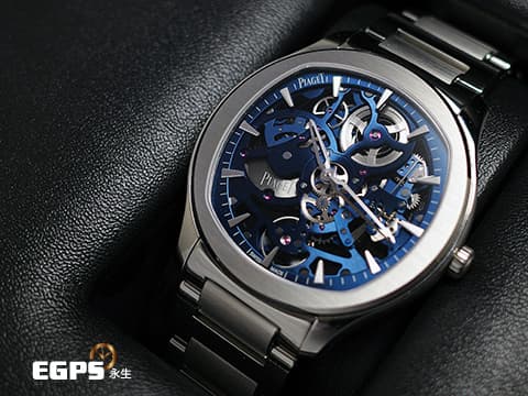 PIAGET 伯爵 Polo skeleton系列 G0A45004 藍色鏤空面盤 微型自動盤超薄鏤空機芯&nbsp;枕型 不鏽鋼 2023年保單 新式快拆錶帶 另附原廠藍色皮錶帶 自動上鍊 42mm