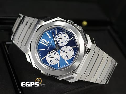 BVLGARI 寶格麗 Octo Finissimo Chronograph GMT 不鏽鋼 八角形 103467 GMT 兩地時間 計時碼錶 藍色太陽放射紋面盤 超薄 鉑金環型自動盤 2026年保卡&nbsp;自動上鍊 43mm