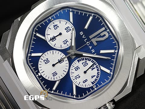 BVLGARI 寶格麗 Octo Finissimo Chronograph GMT 不鏽鋼 八角形 103467 GMT 兩地時間 計時碼錶 藍色太陽放射紋面盤 超薄 鉑金環型自動盤 2026年保卡&nbsp;自動上鍊 43mm
