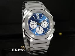 BVLGARI 寶格麗 Octo Finissimo Chronograph GMT 不鏽鋼 八角形 103467 GMT 兩地時間 計時碼錶 <font color="#0582f5">藍色太陽放射紋面盤</font> 超薄 <font color="#FF0000">鉑金環型自動盤 2026年保卡</font>&nbsp;自動上鍊 43mm