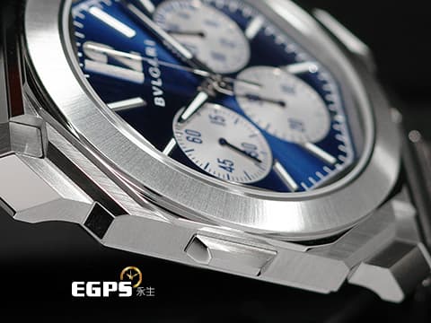 BVLGARI 寶格麗 Octo Finissimo Chronograph GMT 不鏽鋼 八角形 103467 GMT 兩地時間 計時碼錶 藍色太陽放射紋面盤 超薄 鉑金環型自動盤 2026年保卡&nbsp;自動上鍊 43mm