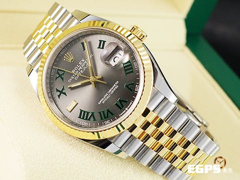 ROLEX 勞力士 Datejust 36 蠔式日誌型 126233 石板灰色面盤搭配綠羅馬時標 溫布頓 費德勒&nbsp;DJ36 半金款 18K黃金 經典三角坑紋外圈 2022年保單 紀念型（Jubilee）五銖錶帶 自動上鍊 36mm