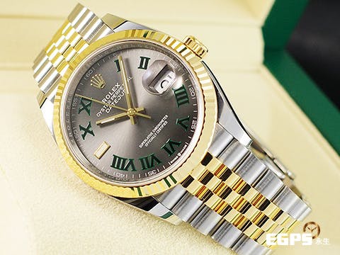 ROLEX 勞力士 Datejust 36 蠔式日誌型 126233 綠羅馬時標面盤 半金款 18K黃金 DJ36 經典三角坑紋錶圈 2024年保單 紀念型（Jubilee）五株錶帶 自動上鍊 36mm