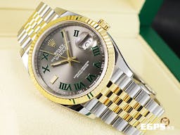 ROLEX 勞力士 Datejust 36 蠔式日誌型 126233 <font color="#9e9e9e">石板灰色面盤</font>搭配<font color="#228B22">綠羅馬時標 溫布頓 費德勒</font>&nbsp;DJ36 半金款 18K黃金 經典三角坑紋外圈 <font color="#FF0000">2022年保單 紀念型（Jubilee）五銖錶帶</font> 自動上鍊 36mm