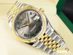 ROLEX 勞力士 Datejust 36 蠔式日誌型 126233 <font color=#228B22>綠羅馬時標面盤</font> 半金款 18K黃金 DJ36 經典三角坑紋錶圈 <font color=#FF0000>2024年保單 紀念型（Jubilee）五株錶帶</font> 自動上鍊 36mm