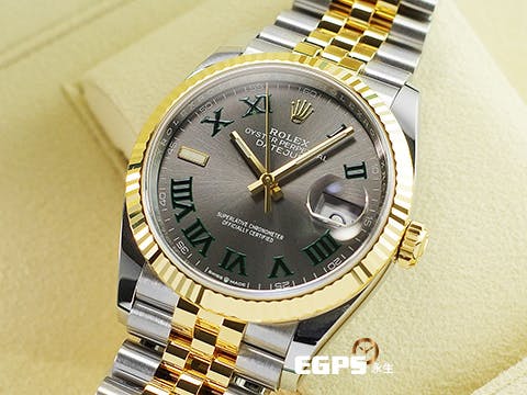 ROLEX 勞力士 Datejust 36 蠔式日誌型 126233 石板灰色面盤搭配綠羅馬時標 溫布頓 費德勒&nbsp;DJ36 半金款 18K黃金 經典三角坑紋外圈 2022年保單 紀念型（Jubilee）五銖錶帶 自動上鍊 36mm