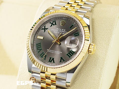 ROLEX 勞力士 Datejust 36 蠔式日誌型 126233 石板灰色面盤搭配綠羅馬時標 溫布頓 費德勒&nbsp;DJ36 半金款 18K黃金 經典三角坑紋外圈 2022年保單 紀念型（Jubilee）五銖錶帶 自動上鍊 36mm