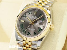 ROLEX 勞力士 Datejust 36 蠔式日誌型 126233 <font color="#9e9e9e">石板灰色面盤</font>搭配<font color="#228B22">綠羅馬時標 溫布頓 費德勒</font>&nbsp;DJ36 半金款 18K黃金 經典三角坑紋外圈 <font color="#FF0000">2022年保單 紀念型（Jubilee）五銖錶帶</font> 自動上鍊 36mm