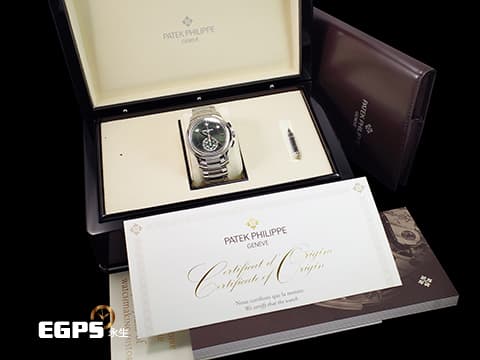 Patek Philippe 百達翡麗 PP錶 Complications 複雜功能時計 5905/1A-001 橄欖綠色日輝紋面盤 飛返計時 年曆錶 2025年保單 按動式摺疊扣 新錶訂價：2,103,000元&nbsp;自動上鍊 42mm