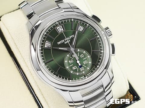 Patek Philippe 百達翡麗 PP錶 Complications 複雜功能時計 5905/1A-001 橄欖綠色日輝紋面盤 飛返計時 年曆錶 2025年保單 按動式摺疊扣 新錶訂價：2,103,000元&nbsp;自動上鍊 42mm