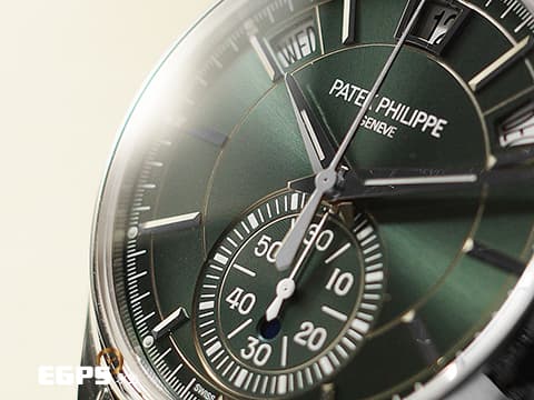 Patek Philippe 百達翡麗 PP錶 Complications 複雜功能時計 5905/1A-001 橄欖綠色日輝紋面盤 飛返計時 年曆錶 2025年保單 按動式摺疊扣 新錶訂價：2,103,000元&nbsp;自動上鍊 42mm