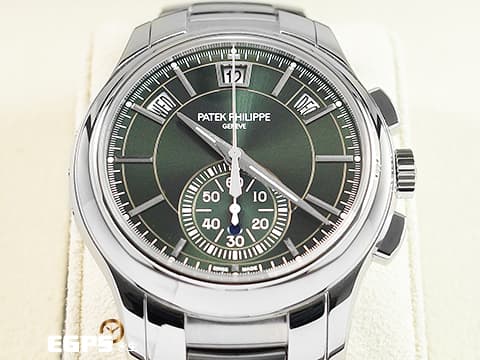 Patek Philippe 百達翡麗 PP錶 Complications 複雜功能時計 5905/1A-001 橄欖綠色日輝紋面盤 飛返計時 年曆錶 2025年保單 按動式摺疊扣 新錶訂價：2,103,000元&nbsp;自動上鍊 42mm
