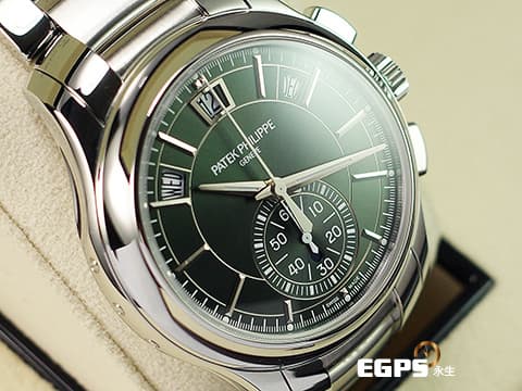 Patek Philippe 百達翡麗 PP錶 Complications 複雜功能時計 5905/1A-001 橄欖綠色日輝紋面盤 飛返計時 年曆錶 2025年保單 按動式摺疊扣 新錶訂價：2,103,000元&nbsp;自動上鍊 42mm