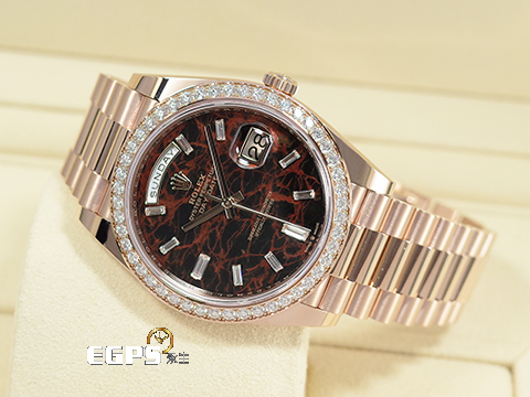 ROLEX 勞力士 Day-Date 40 DD40 蠔式 星期日曆型 228345RBR 永恆玫瑰金&nbsp;<font color="#fdc7aa">稀有赤鐵石英面盤【熔岩巧克力】原廠鑲嵌鑽石錶圈 梯形鑽石時標</font>&nbsp;228235&nbsp;<font color="#FF0000">2021年保卡</font>&nbsp;自動上鍊 40mm