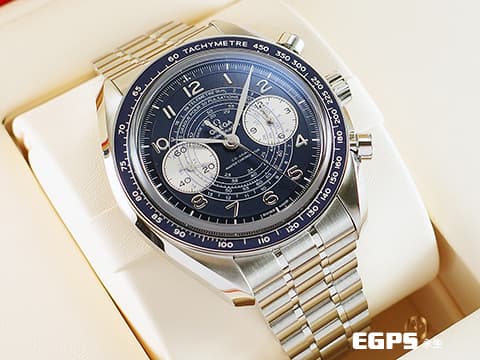 OMEGA 歐米茄 speedmaster 超霸 Chonoscope系列 329.30.43.51.03.001 不鏽鋼鍊帶款  深藍色蝸紋面盤 32930435103001  集測速計、測距儀、脈搏計於一體的雙眼計時盤，經典超霸致敬復刻款，2024年保單  手上鏈 43mm