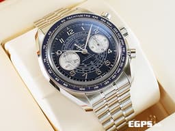 OMEGA 歐米茄 speedmaster 超霸 Chonoscope系列 329.30.43.51.03.001 不鏽鋼鍊帶款 <font color=#0000FF> 深藍色蝸紋面盤 32930435103001 </font> <font color=#FF0000>集測速計、測距儀、脈搏計於一體的雙眼計時盤，經典超霸致敬復刻款，2024年保單 </font> 手上鏈 43mm