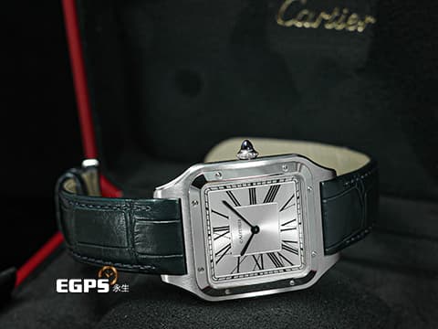 CARTIER 卡地亞 Santos-Dumont 山度士 杜蒙特 WSSA0032 經典 超大型款&nbsp;鑲嵌藍色寶石錶冠 藍鋼指針&nbsp;不鏽鋼材質&nbsp;2022年保單  手上鍊 46.6x33.9mm