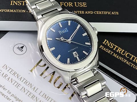 PIAGET 伯爵 Polo Date系列 G0A46018 機刻雕花橫紋藍色面盤 不鏽鋼 原鑲鑽石時標，2021年台灣公司貨 自動上鍊 36mm