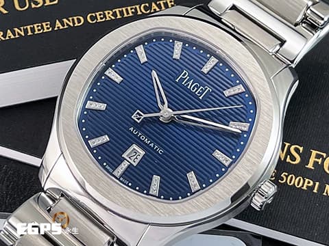 PIAGET 伯爵 Polo Date系列 G0A46018 機刻雕花橫紋藍色面盤 不鏽鋼 原鑲鑽石時標，2021年台灣公司貨 自動上鍊 36mm