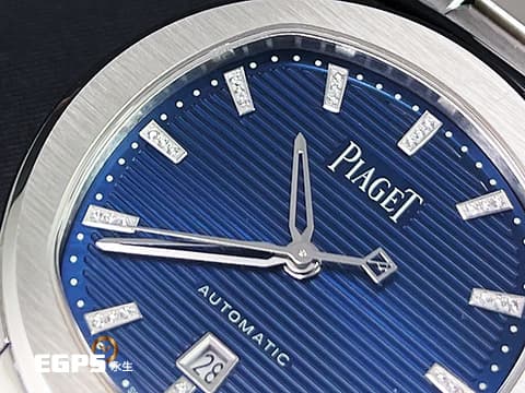 PIAGET 伯爵 Polo Date系列 G0A46018 機刻雕花橫紋藍色面盤 不鏽鋼 原鑲鑽石時標，2021年台灣公司貨 自動上鍊 36mm