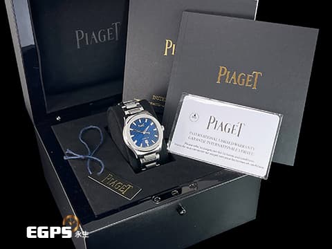 PIAGET 伯爵 Polo Date系列 G0A46018 機刻雕花橫紋藍色面盤 不鏽鋼 原鑲鑽石時標，2021年台灣公司貨 自動上鍊 36mm